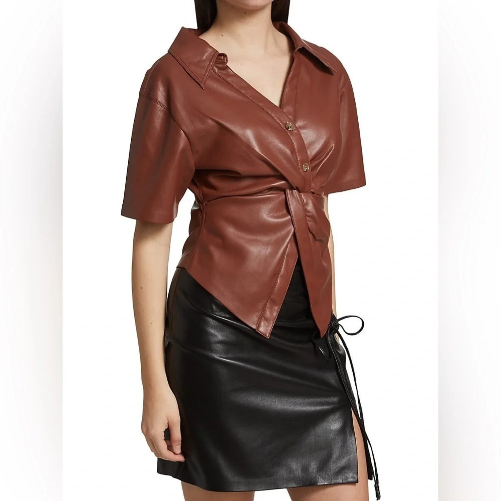 Nanushka Thora Twist Front Vegan Brown Faux Leather Top